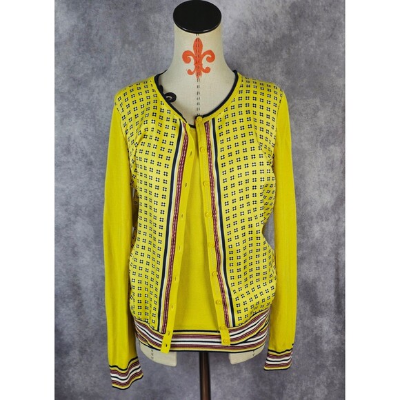 Talbots 2Pcs Set Cardigan + Tank Women M Yellow Geo Print Button Front Preppy - Picture 1 of 12